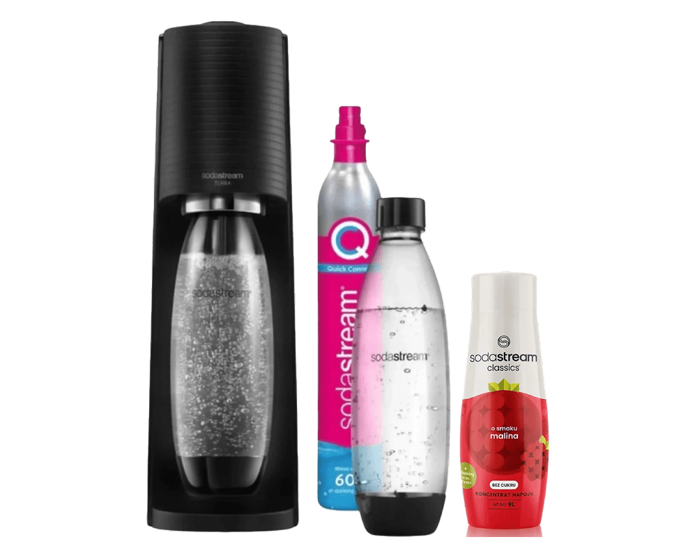 Saturator SodaStream Terra + nabój CO2 + 2 butelki Fuse 1L + syrop malinowy 440ml